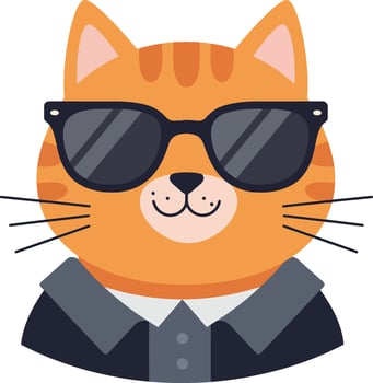Cool orange tabby cat wearing black sunglasses and a dark shirt flat design illustration vector
