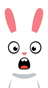 Surprised white cartoon rabbit with pink ears and wide eyes in minimal flat style illustration vector