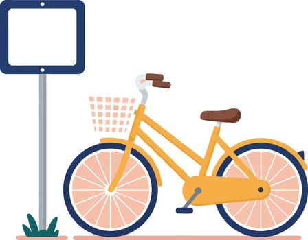 Yellow bicycle parked near blank signpost with basket flat minimal illustration vector