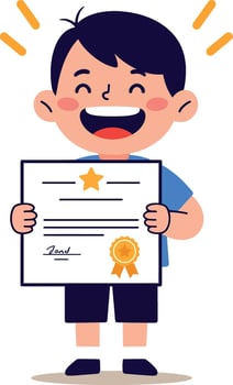 Happy young boy holding certificate with star and medal smiling flat cartoon illustration vector