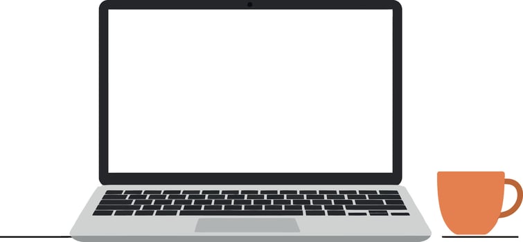 Minimal laptop with blank screen and orange coffee cup on white surface flat illustration vector