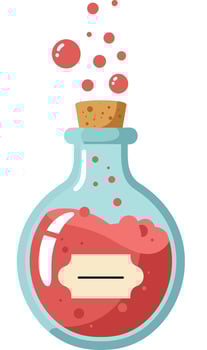 Red bubbling potion in round glass bottle with cork stopper flat design illustration vector