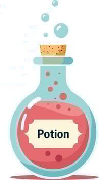 Round glass bottle with red bubbling potion cork stopper flat design illustration vector