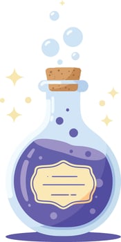 Round glass bottle with cork containing purple liquid and bubbles in flat design art vector