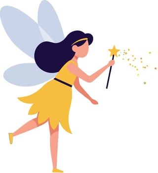 female fairy with dark hair and yellow dress casting magic spell flat design illustration vector