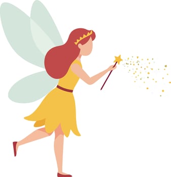 Fairy with red hair and yellow dress casting magic with wand flat minimal illustration vector