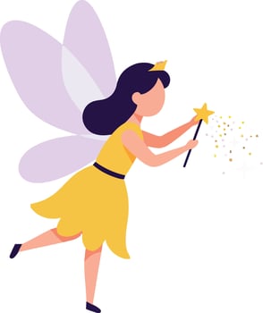 Fairy girl with purple wings in yellow dress holding magic wand casting sparkles flat illustration vector