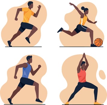 Active young men running and women playing basketball in dynamic poses flat design illustration vector