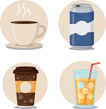 Hot coffee cup can soda cold drink iced beverage minimal flat art vector