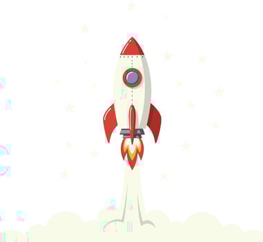 Small red and white retro rocket launching with bright flames and smoke in minimal flat illustration vector