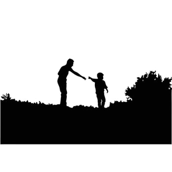 Father Reaching For Son Silhouette On A Hill With Bushes Illustration vector