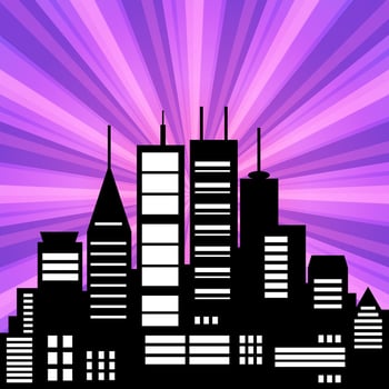 A purple city skyline with a sunburst vector