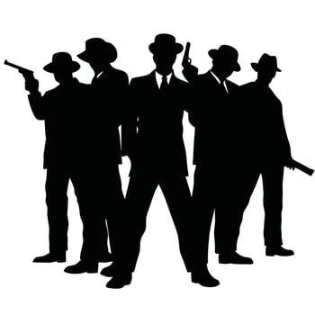 Silhouette Group Of Gangsters With Guns Wearing Hats And Suits Graphic vector