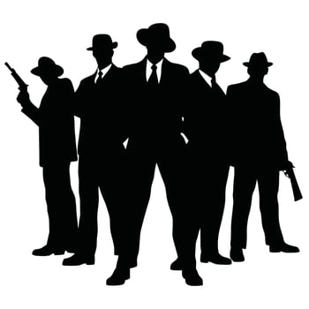 Silhouette Of Gangsters In Suits And Hats Holding Guns On White Background vector