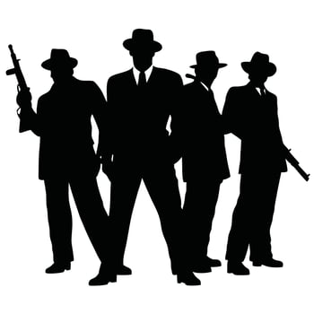 Gangster Squad Silhouette Illustration Of Organized Crime Figures With Guns And Hats vector