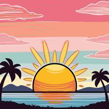 a cartoon illustration of a sunset over the ocean vector