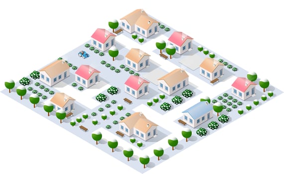 Modern isometric city center with skyscrapers and trees covered by snow vector