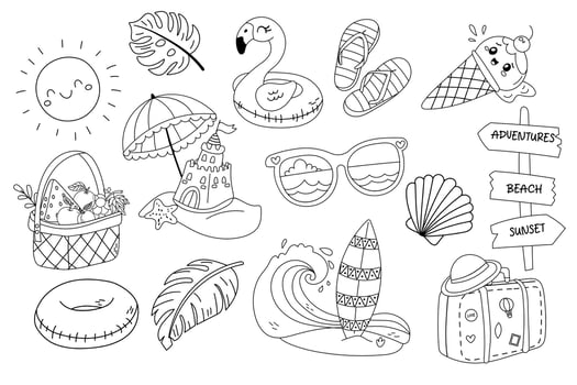 Summer coloring page with beach elements and cute drawings vector