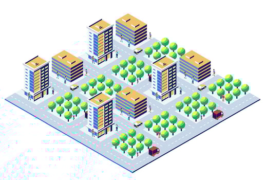 Isometric city with trees and buildings car vector