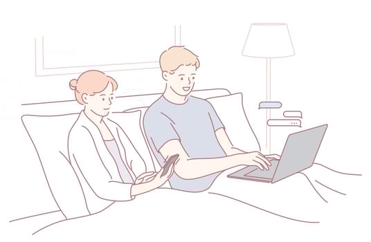 Enjoying a Cozy Evening Together A Couple Engaged with Tech and Devices While in Bed vector