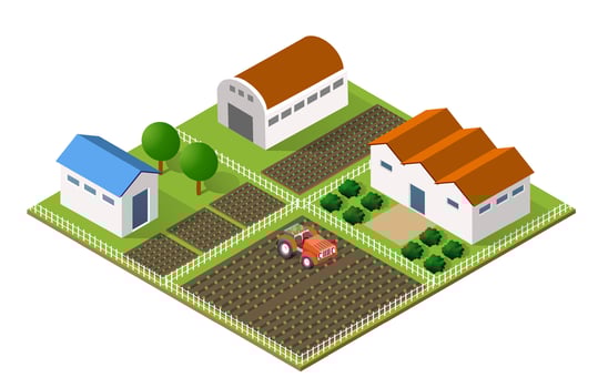 Isometric farm landscape with tractor and house illustration vector