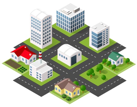 Isometric city with houses, buildings and roads vector