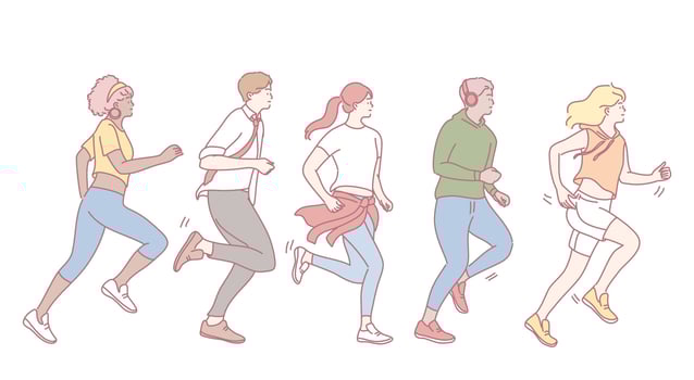 A group of diverse individuals joyfully running together in stylish and fashionable athletic wear vector