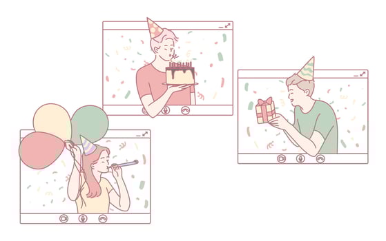 Engaging in a Virtual Birthday Celebration featuring Cake, Colorful Balloons, and Thoughtful Gifts vector