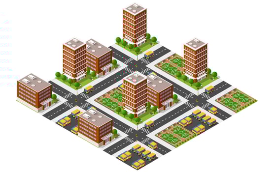 School district with buses transporting students home on crossroad vector