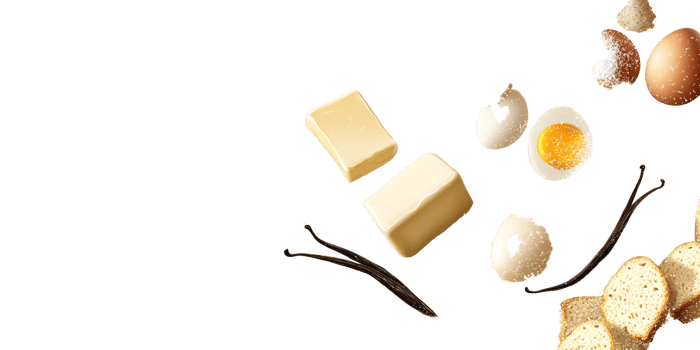 Ingredients for French Toast Recipe on a Transparent Background Featuring Butter, Eggs, Vanilla Beans, and Bread Concept of Breakfast, Cooking, and Delicious Food png