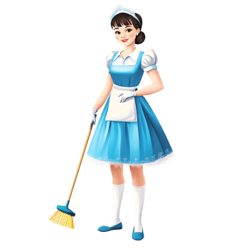 Cartoon woman in blue maid uniform holding broom, cleaning service concept with smiling face on transparent background png