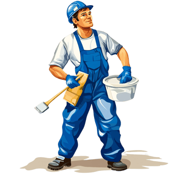 Caucasian man in blue overalls holding paint bucket and brush, ready for painting project Concept of home improvement, renovation, and skilled labor png