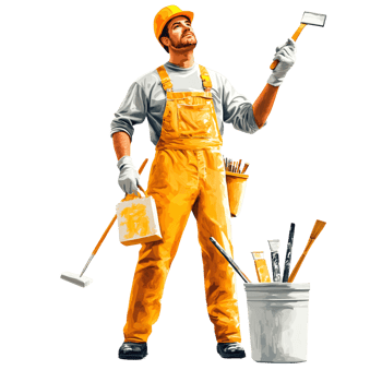 Caucasian adult man in yellow overalls and hard hat holding paint roller, looking up, ready to paint on a transparent background Concept of home improvement and renovation png