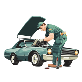 Caucasian adult mechanic in green uniform repairing car engine with hood open Concept of automotive maintenance, vehicle service, and skilled labor png