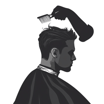 Young adult man getting a haircut at the barbershop, comb and cape in a monochrome illustration Concept of grooming, style, and male beauty png