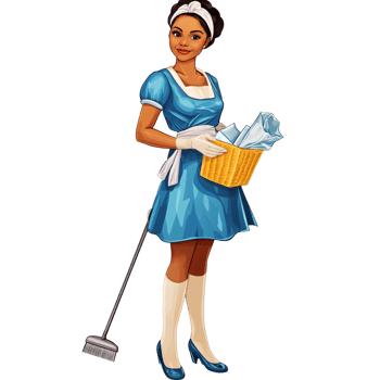Cartoon African American woman in maid uniform holding laundry basket and broom Concept of cleaning service, housekeeping, and domestic work png