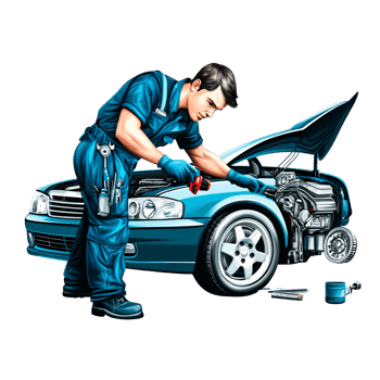Caucasian adult man mechanic in blue uniform repairing car engine with tools Concept of automotive maintenance, vehicle service, and skilled labor png