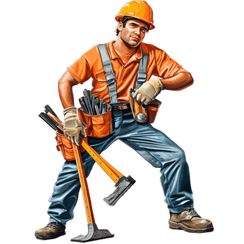 Confident Caucasian man, construction worker, wearing hard hat and tool belt, holding wrecking bar and flashlight Concept of skilled trades, construction, and manual labor png