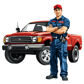 Confident adult Caucasian man mechanic in uniform standing in front of red pickup truck with arms crossed Concept of automotive repair, service, and maintenance png