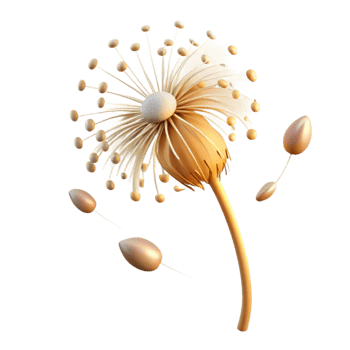 alluring futuristic A single dandelion seedhead with seeds blowing in the wind, golden hour lighting, whimsical style high resolution png