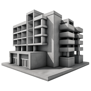 vibrant rustic A Brutalist concrete apartment complex, harsh shadows, grayscale, industrial aesthetic, low angle, sharp png