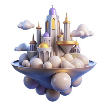 dazzling romantic creative A floating city amongst the clouds, ethereal light, fantasy style, dreamy, fine detail png