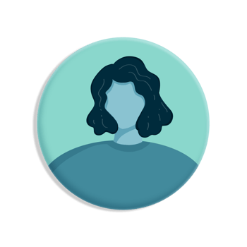 A woman with curly hair is shown in a round button png
