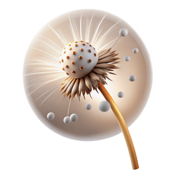 picturesque bold modern A single dandelion seedhead with seeds dispersing in the wind, lit by a dramatic spotlight, surrealist style genuine png