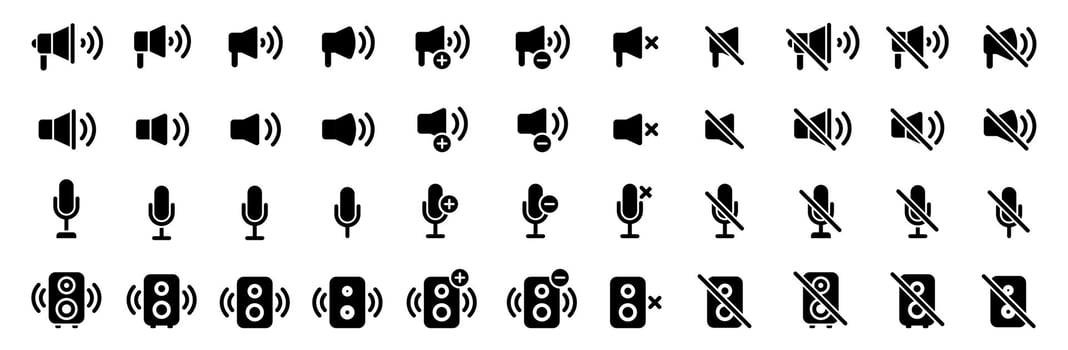 Sound Speaker Icon Pack. Black Silhouettes of Audio Equipment and Devices vector