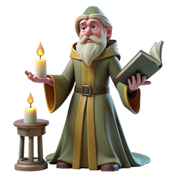 hypnotic creative A wise old wizard casting a spell in a dusty library, candlelight, Renaissance painting style crisp png