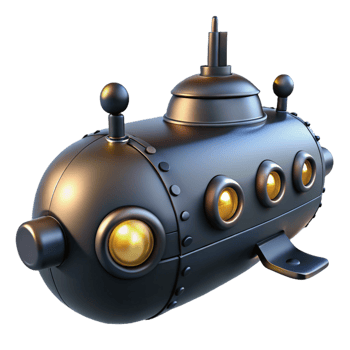 whimsical glorious A steampunk submarine, sleek and black, with glowing portholes, submerged in a dark ocean, eerie lighting impeccable png