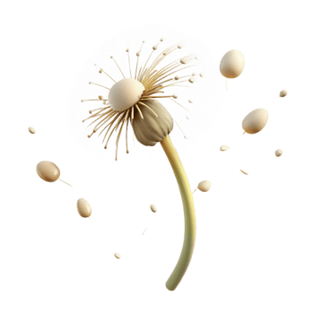 alluring inspired A single dandelion seedhead with seeds blowing in the wind, soft afternoon light, whimsical and dreamy, illustrative style png