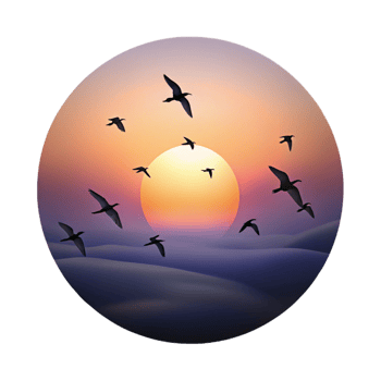 exquisite joyful classic A flock of birds silhouetted against a sunset sky, minimalist style, peaceful scene handcrafted png