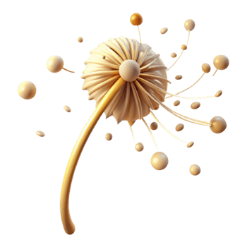 dazzling unforgettable A single dandelion seedhead with seeds blowing in the wind, golden hour lighting, whimsical style png